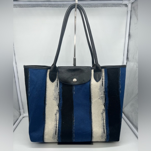 Longchamp Handbags - LONGCHAMP Coup De Pinceau EW Tote Blue Striped Canvas Leather Trim Shoulder Bag